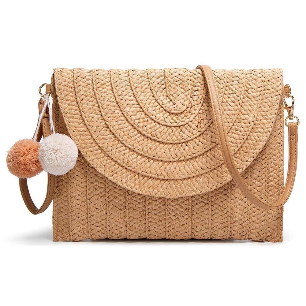 3306 Khaki Straw Clutch Crossbody Bag Summer Beach Envelope Purse